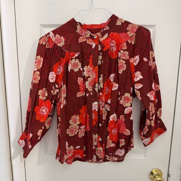 Porridge Anthropologie Floral Puff Sleeve Button Down Size Medium Red Maroon - Picture 1 of 4